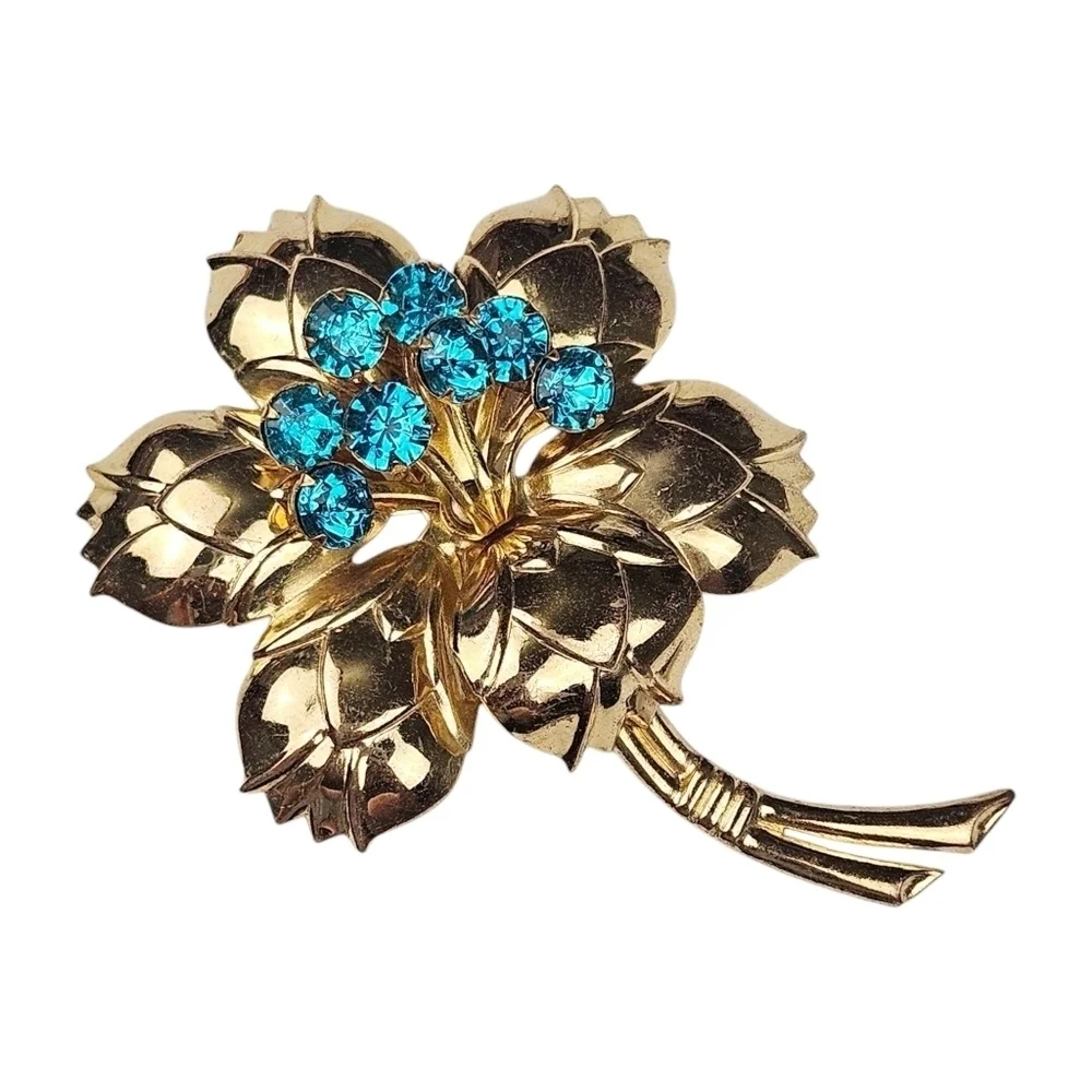 Vintage Flower Brooch Blue Rhinestone Shiny Gold Plated Large Mid Century 3 1/8